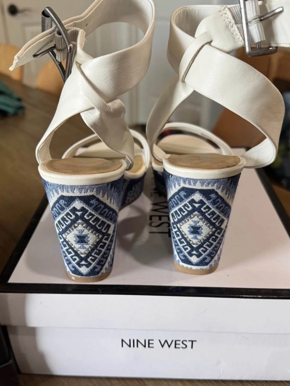 Nine West White Ankle-Strap Wedges with Navy Aztec-Print Heel